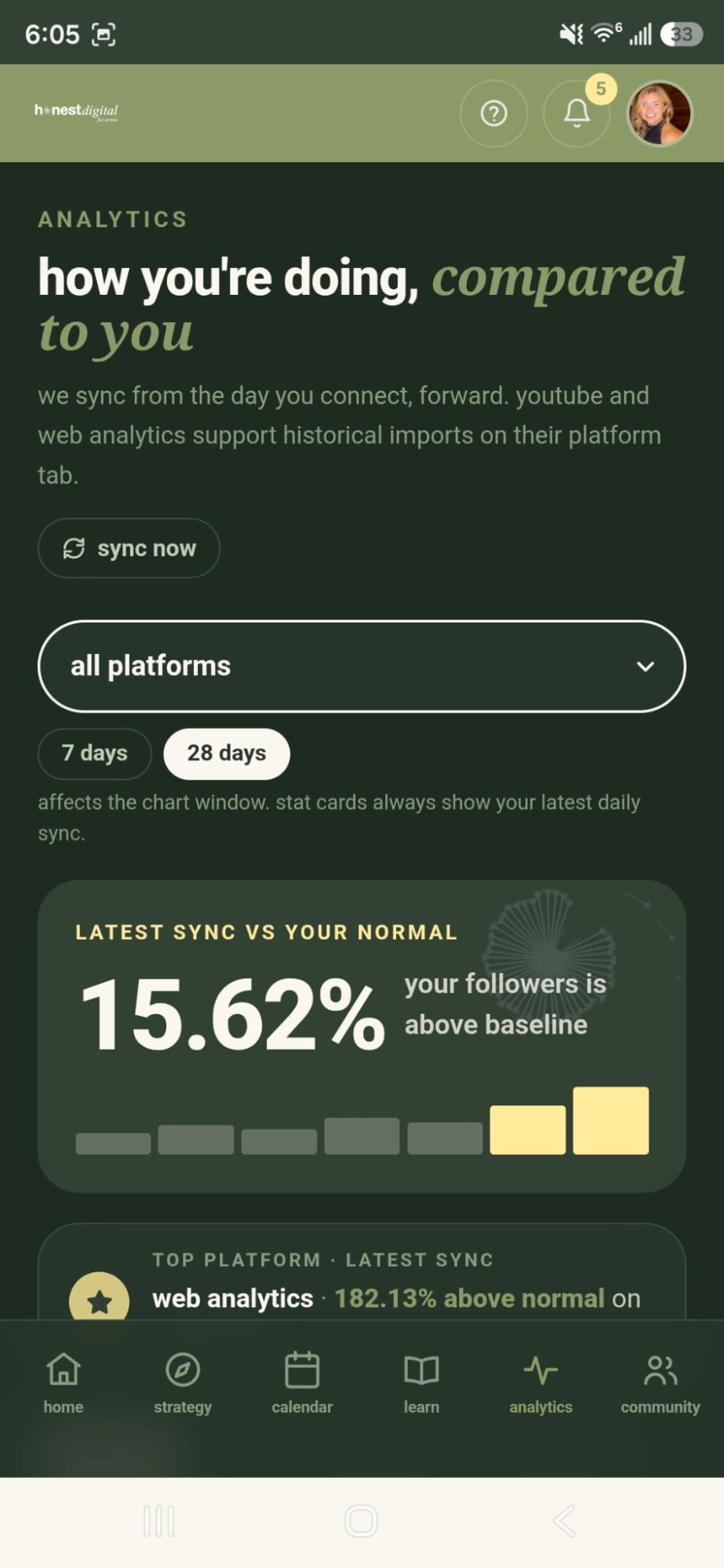 analytics view showing your numbers compared to your own baseline